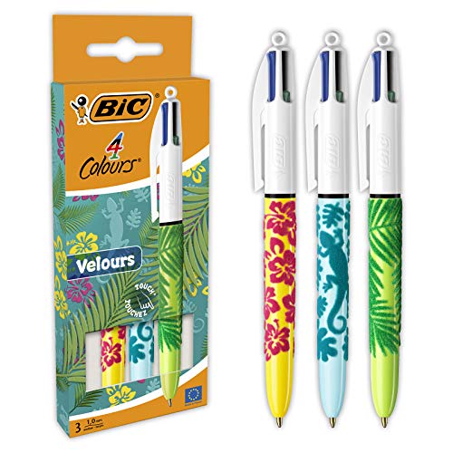 BIC 4 Colores Velours Bolígrafos de Punta Media (1,0 mm) - Varios Diseños, Pack de 3