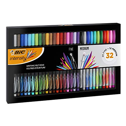 BIC Intensity Estuche de 32 rotuladores de punta fina y media - Colores surtidos para escribir, dibujar, colorear - Estuche de Regalo