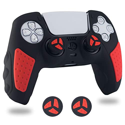BRHE Funda de silicona antideslizante para mando de PS5, juego de accesorios para Playstation 5 Gamepad Joystick con 2 tapones de agarre para pulgar (rojo y negro)