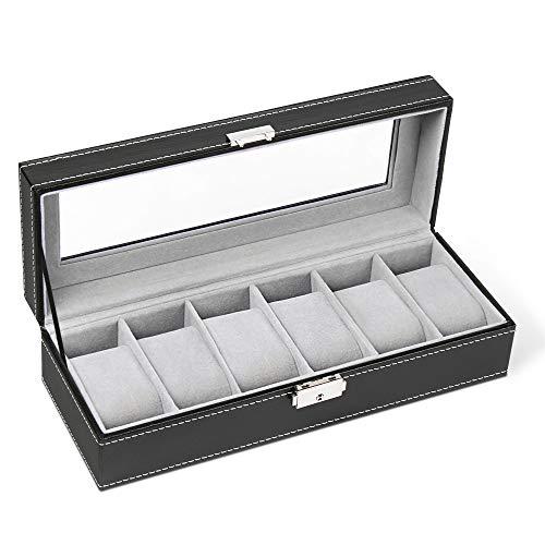 Caja de reloj de piel sintética con cierre de botón y 6 rejillas para relojes, color negro Caja de reloj de piel sintética con cierre de botón y 6 rejillas para relojes, color negro