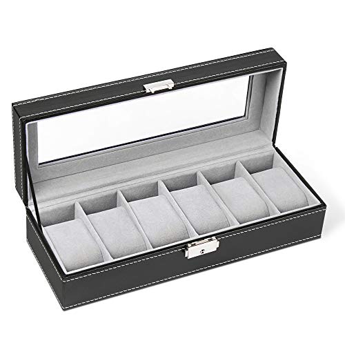 Caja de reloj de piel sintética con cierre de botón y 6 rejillas para relojes, color negro