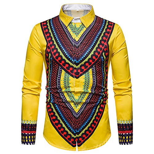 Camiseta de Manga Larga para Hombre de Transwen, Estampado Africano de otoño, de Manga Larga, Informal, Prenda básica Amarillo XL