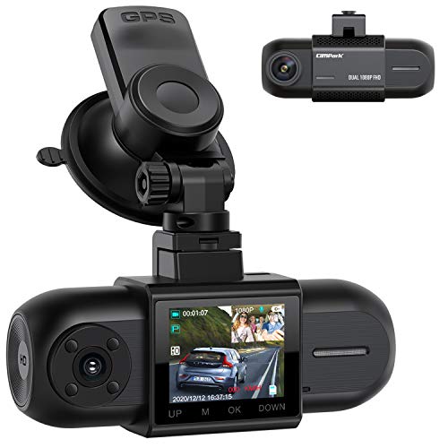 Campark Dashcam Coche Dual FHD 1080P Delantera y Trasera, Cámara de Coche Dash CAM con GPS y batería, visión Nocturna por Infrarrojos, Dash Cámara con G-Sensor, WDR, con Monitor de Aparcamiento