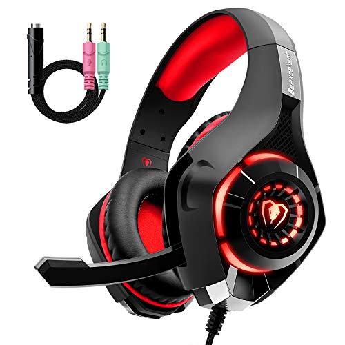 Cascos PS4, Auriculares Gaming Premium Stereo con Microfono para PS4 PC Xbox One, Cascos con Bass Surround Cancelacion ruido, Diadema Acolchada y Ajustable, Microfono Unidireccional ( con Adaptador)