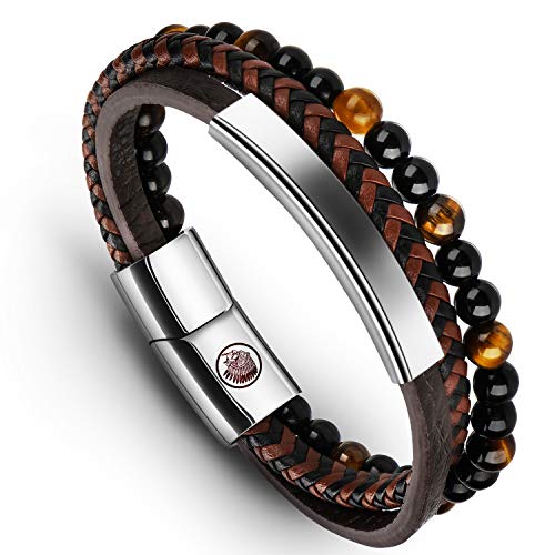 Casisto.J Pulsera Cuero Hombre - Pulsera Trenzada Hecha a Mano clásica en Negro y marrón con Cierre magnético Grabado Joyas Gratis en Caja (Brown, 22)