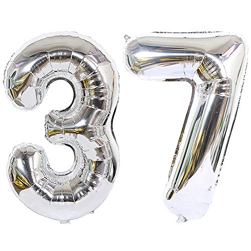 Ceqiny Globo de mylar 40 pulgadas con número 37 globo gigante globo papel aluminio para fiesta de cumpleaños boda despedida soltera compromiso decoración de aniversario, dígitos 37 globo Plata