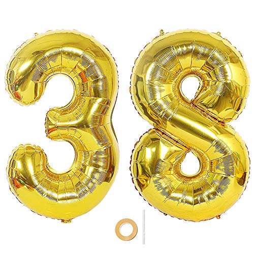 Ceqiny Globo de mylar 40 pulgadas con número 38 globo gigante globo papel aluminio para fiesta de cumpleaños boda despedida soltera compromiso decoración de aniversario, globo dorado de 38 dígitos