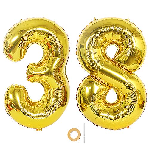 Ceqiny Globo de mylar 40 pulgadas con número 38 globo gigante globo papel aluminio para fiesta de cumpleaños boda despedida soltera compromiso decoración de aniversario, globo dorado de 38 dígitos Ceqiny Globo de mylar 40 pulgadas con número 38 globo gigante globo papel aluminio para fiesta de cumpleaños boda despedida soltera compromiso decoración de aniversario, globo dorado de 38 dígitos