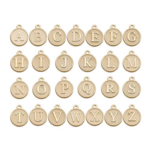 Chandler Lote de 26 cuentas de letras mixtas con 26 letras de metal esmaltadas de doble cara, redondas, para hacer collares, pulseras y manualidades (dorado)
