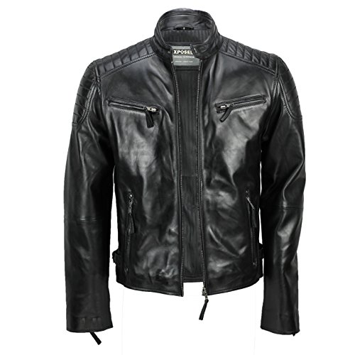 Chaqueta de piel suave para hombre, corte ajustado, chaqueta estilo biker con cremallera, retro, color marrón lavado Negro negro Medium