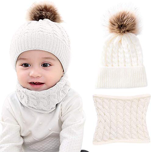 CheChury Conjunto de Bufanda y Gorro de Punto Unisex Niños Niñas Invierno cálido Punto Beanie Gorros con Pompon Bufanda de Punto Cuello Redondo Bebé