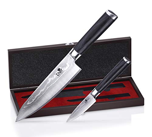ChefMe Set de Cuchillos Damasco VG10 67 Capas con Mango de Micarta, Cuchillo de Cocina 20cm Cuchillo de Oficina 8cm con Caja de Madera Noble ChefMe Set de Cuchillos Damasco VG10 67 Capas con Mango de Micarta, Cuchillo de Cocina 20cm Cuchillo de Oficina 8cm con Caja de Madera Noble