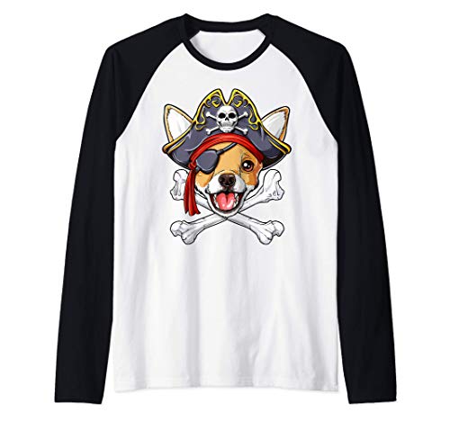 Chihuahua Pirate Costume Jolly Roger Flag Skull Crossbones Camiseta Manga Raglan