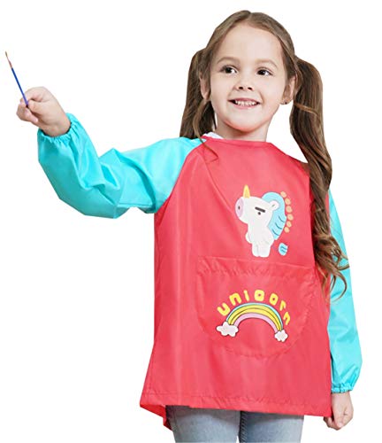 Chilsuessy - Delantal de manga larga para niños y niñas, impermeable, lavable, 3 tamaños de 2 a 9 años, rosa unicornio, L/Koepergroesse 115-135cm