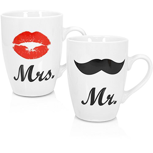 com-four® Juego de tazas de café"Mr. and Mrs." | ideal para parejas | Porcelana | regalo