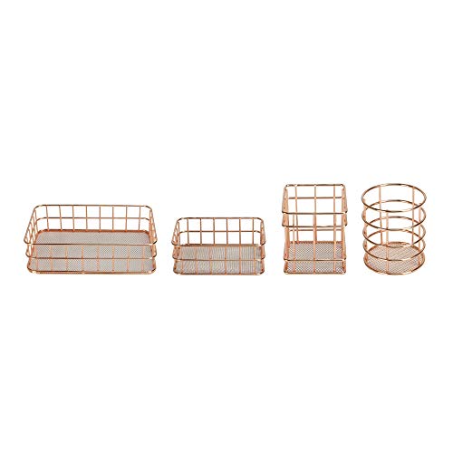 Conjunto de 4 cestas de oro rosa | Organizador de escritorio Rose Gold | Cesta de almacenamiento de metal | Cesta de alambre de oro rosa | Accesorios de escritorio de oro rosa | M&W