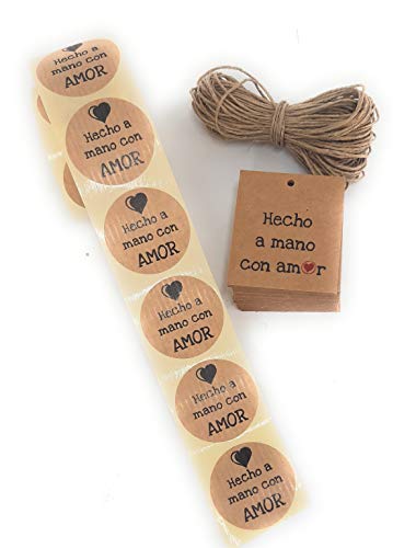 Conjunto de etiquetas adhesivas y de cartón kraft Hecho a mano con Amor (texto en español)