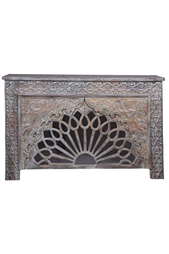 Consola oriental estrecha Ghazal gris 150 cm | Mesa consola oriental vintage tallada a mano | Aparador rústico de madera maciza | muebles decorativos asiáticos de la India