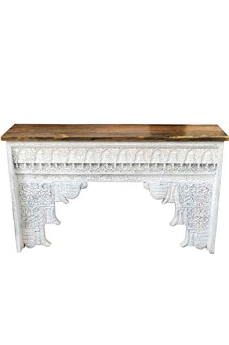 Consola oriental estrecha, Hadidza, color blanco, 150 cm, estilo oriental, vintage, tallada a mano, de madera maciza, decoración asiática de la India