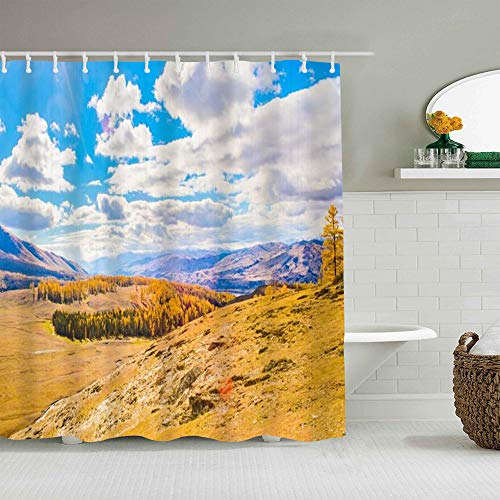 Cortina de baño repelente al agua,Montañas azules Kanas Lugar pintoresco Condado de Burqin Altay Naturaleza Región de Altai Amarillo Asia Otoño,cortinas de baño con 12 ganchos,tamaño 180 x 180cm