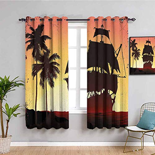 Cortina opaca pirata bucaneros barco vela en aguas misteriosas trópicas palmeras grunge traer belleza amarillo marrón oscuro coral W42 x L63 pulgadas Cortina opaca pirata bucaneros barco vela en aguas misteriosas trópicas palmeras grunge traer belleza amarillo marrón oscuro coral W42 x L63 pulgadas