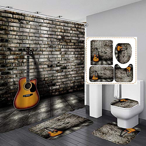 Cuarto De Baño Juego De 4 Piezas,Vintage Guitarra Amarilla, Patrón De Impresióncortina De Ducha Con 12 Anillos+ Alfombra De Baño Antideslizante + Tapa De Inodoro + La Alfombra, Impermeable, An Cuarto De Baño Juego De 4 Piezas,Vintage Guitarra Amarilla, Patrón De Impresióncortina De Ducha Con 12 Anillos+ Alfombra De Baño Antideslizante + Tapa De Inodoro + La Alfombra, Impermeable, An