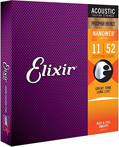 Cuerdas de guitarra acústica Elixir Strings de bronce fosforado con recubrimiento NANOWEB, calibre ligero personalizado (.011-.052) Cuerdas de guitarra acústica Elixir Strings de bronce fosforado con recubrimiento NANOWEB, calibre ligero personalizado (.011-.052)
