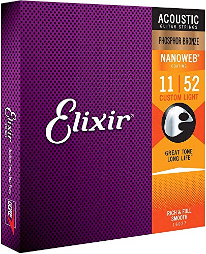 Cuerdas de guitarra acústica Elixir Strings de bronce fosforado con recubrimiento NANOWEB, calibre ligero personalizado (.011-.052)