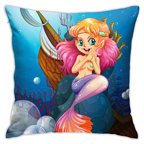 Cup Off Throw Pillow Cover Un mar con una Sirena Cerca del Barco naufragado Funda de Almohada Funda de cojín, 45 × 45 cm
