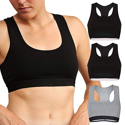 DANISH ENDURANCE Sujetador de Algodón Orgánico para Mujer, Paquete de 3, Bralette Cómodo Negro, Gris y Azúl (Multicolor (2 x Negro, 1 x Gris Oscuro), X-Large)