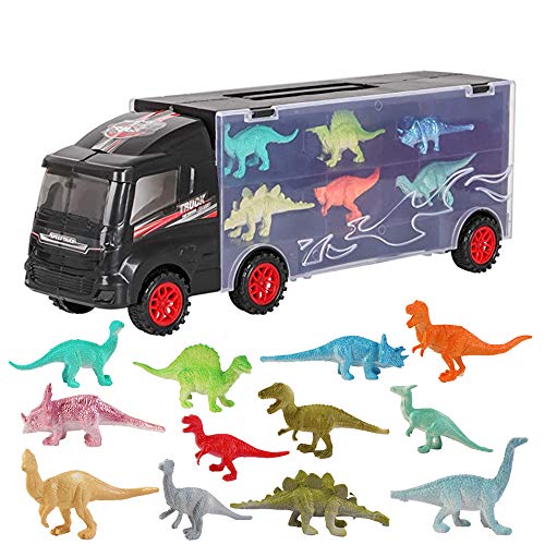 deAO Camión Transportador de Dinosaurios Maletín Portacoches en el Mundo Jurásico Conjunto Incluye Surtido de 12 Dinosaurios