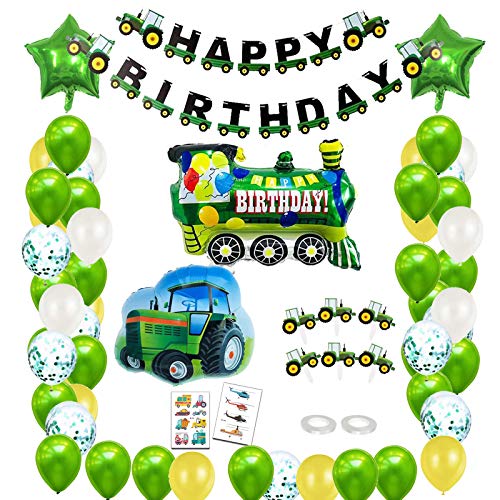 Decoración de cumpleaños para niños, decoración de cumpleaños para niños, decoración de cumpleaños para niños, pancarta de feliz cumpleaños con carro tractor y globos de aluminio para 1-10 años