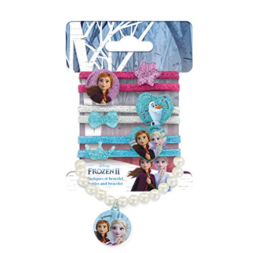 DISNEY - Juego de 6 gomas con purpurina y 1 pulsera de perlas con la imagen de Elsa, Anna y Olaf (12 unidades)