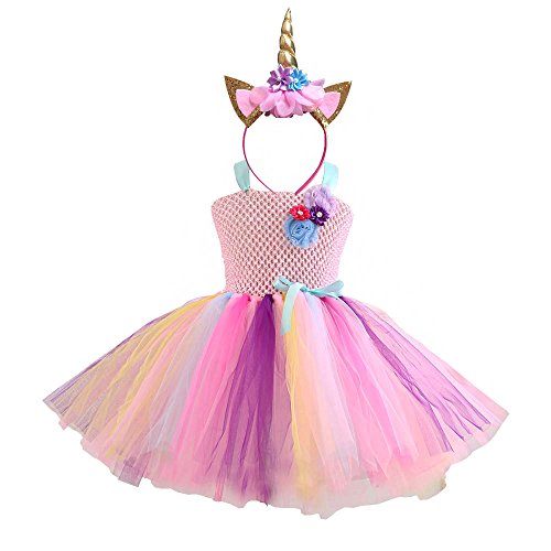 DIXIUZA Disfraz para Niñas Princesa Diadema Unicornio Floral con Oreja y Falda Vestido
