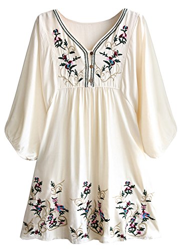 Doballa - Vestido de estilo bohemio, mini blusa, túnica de estilo mejicano, con bordado floral para mujer Beige beige M