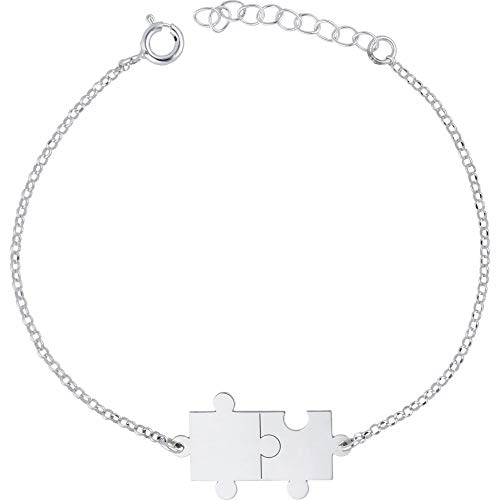 doble aro - Pulsera Puzzle en Plata de Ley - Ideal para Enamorados - Regalo mujer o niña - Largo de 16cm + 3cm de alargador