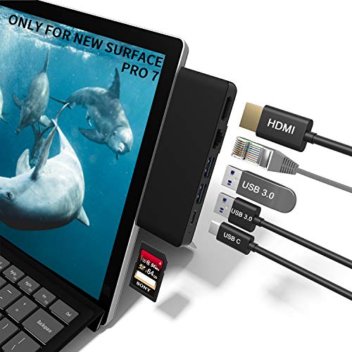 Docking Station Surface Pro 7, con Adaptador Ethernet de 100M, Adaptador HDMI 4K, 2 Puertos USB 3.0 (5 Gbps), Puerto de Datos y Audio USB-C, Lector de Tarjetas SD, Adecuado para Microsoft Pro 7