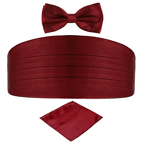 DonDon Set de tres piezas Caballero Faja de esmoquin Pajarita Pañuelo de bolsillo Color a juego Espléndido para ceremonias y ocasiones especiales - Rojo oscuro