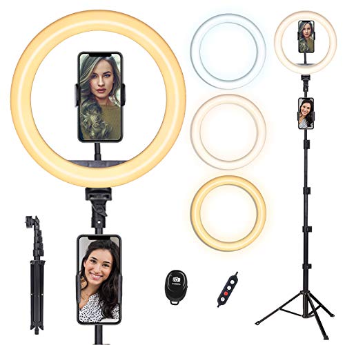 Doosl anillo de 10 pulgadas con soporte de 63 pulgadas y soporte para teléfono – luz regulable de belleza para transmisión en vivo/maquillaje/vídeo de YouTube, iPhone y Android compatible