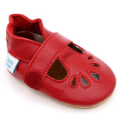 Dotty Fish Zapatos de Cuero Suave para bebés. Niñas. T-Bar en Rojo. 12-18 Meses (21 EU)