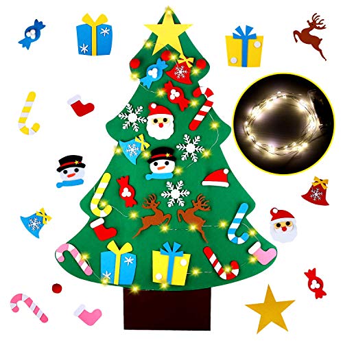 EKKONG Árbol de Navidad De Fieltro, Árbol Rbol De Fieltro de Bricolaje con Luces Led de Cadena+ los Ornamentos Desmontables 26pcs, Regalos Colgantes para Las Decoraciones de la Navidad