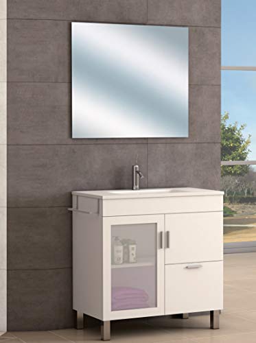 EL ALMACEN DEL PROFESIONAL Juego de Mueble de Baño Modelo Portland Porcelana, Conjunto formado por Mueble de Baño Estilo Moderno Lacado en Blanco Ancho 60cm, Lavabo de Porcelana y Espejo a Juego