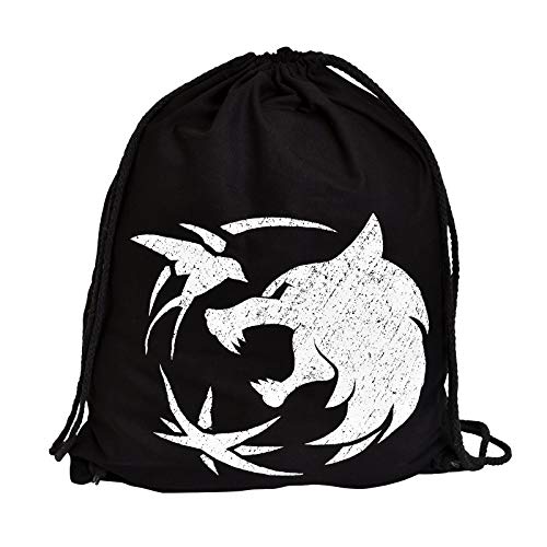 Elbenwald Wolf Emblema Bolsa de Deporte para fanáticos de Witcher 36x47cm algodón Negro
