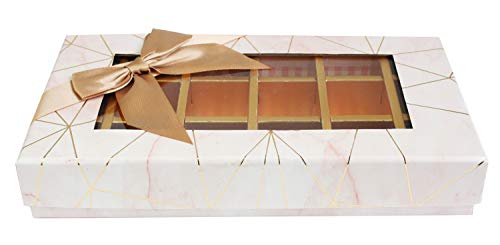 Emartbuy Lujo Rígido Caja de Regalo de Chocolate Trufa de 18 Compartimentos En Forma de Rectángulo, Impresión de Mármol Rosa, Tapa de Ventana, Partición Interior Extraíble y Lazo de Satén Beige
