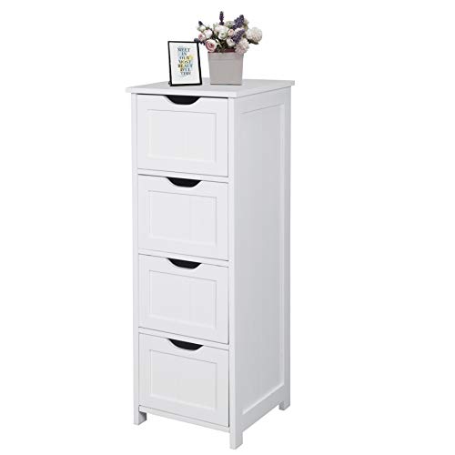 eSituro Armario de Suelo para Baño Auxiliar Pequeño Mueble de Baño Organizador de Cajones Laterales con 4 Cestas MDF Blanco 28 x 29 x 82cm SBP0020