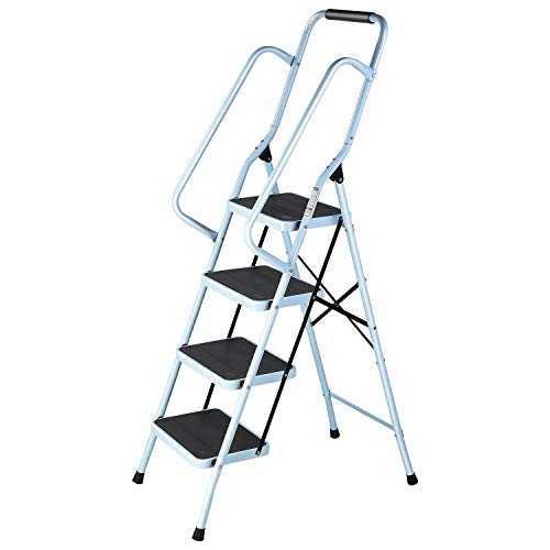 Femor Escalera Plegable de 4 Peldaños, Escalera Portátil Multiusos de Acero con Pedal Antideslizante de 27cm, Pasamanos, Pies de Goma Antideslizantes, para Hogar y Oficina