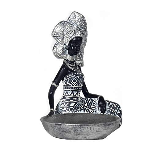 Figura Decorativa de Resina Mujer Africana con Bandeja Adornos y Esculturas. Regalos Originales. Decoración Hogar. 18 x 11 x 18 cm.