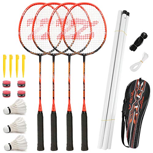 Fostoy Juego de Bádminton, Raquetas de Bádminton con 4 Raquetas de Bádminton y 3 Volantes, Juego Completo de Bádminton para Exteriores con Red para Adultos