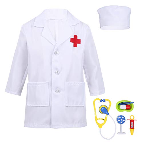 Freebily Niños Niñas Disfraz Bata Blanca/Rosa Manga Larga de Doctor/Enfermera Traje Cosplay para Halloween con Accesorios(Estetoscopio+Jeringa etc.) Blanco 3-4 años