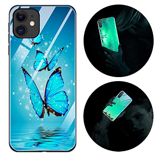 Funda iPhone 11, Luminosa Funda para iPhone 11, Carcasa con Dibujo Diseño Silicona TPU y PC Trasera Cristal Proteccion Antigolpes Noctilucent Fluorescente Caja Mariposa Azul